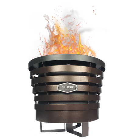 Firesmiths Smokeless Fire Pit in a bronze finish with vibrant flames, showcasing clean-burning, low-smoke performance and advanced double-wall airflow technology for outdoor entertaining.