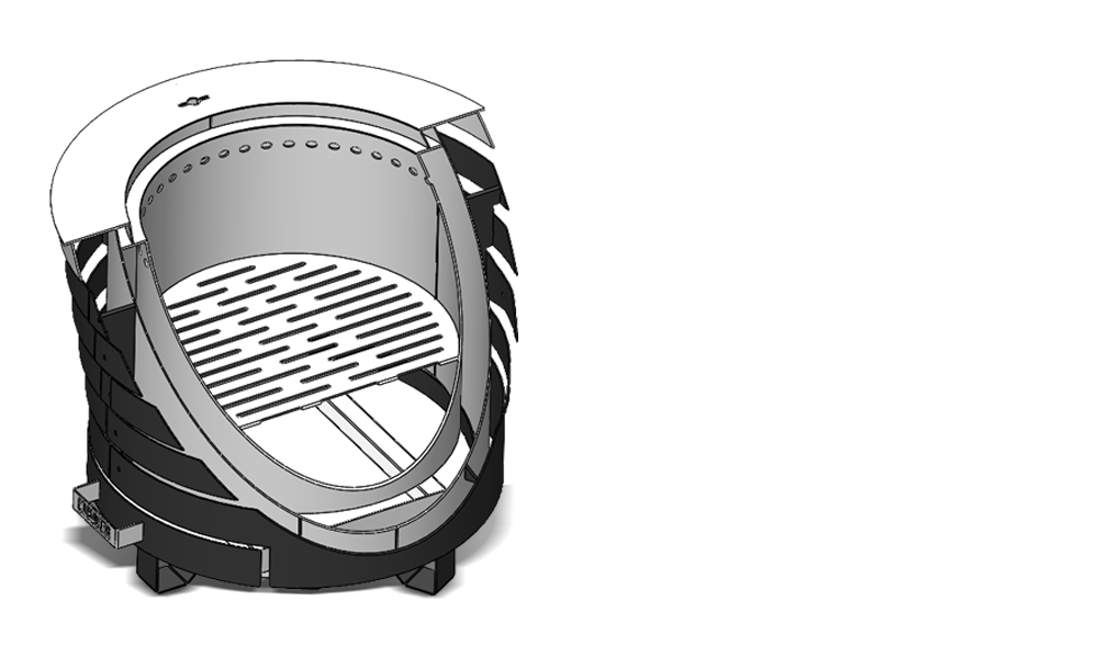 Cutaway illustration of the Firesmiths smokeless fire pit showing the internal airflow system, fire chamber, and elevated grate designed for efficient secondary combustion and reduced smoke.