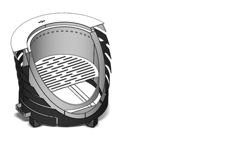Cutaway illustration of the Firesmiths smokeless fire pit showing the internal airflow system, fire chamber, and elevated grate designed for efficient secondary combustion and reduced smoke.