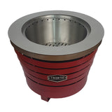 Firesmiths smokeless fire pit in a bold red finish, featuring durable steel construction, a double-wall airflow system, and efficient low-smoke performance for outdoor entertaining and fires.