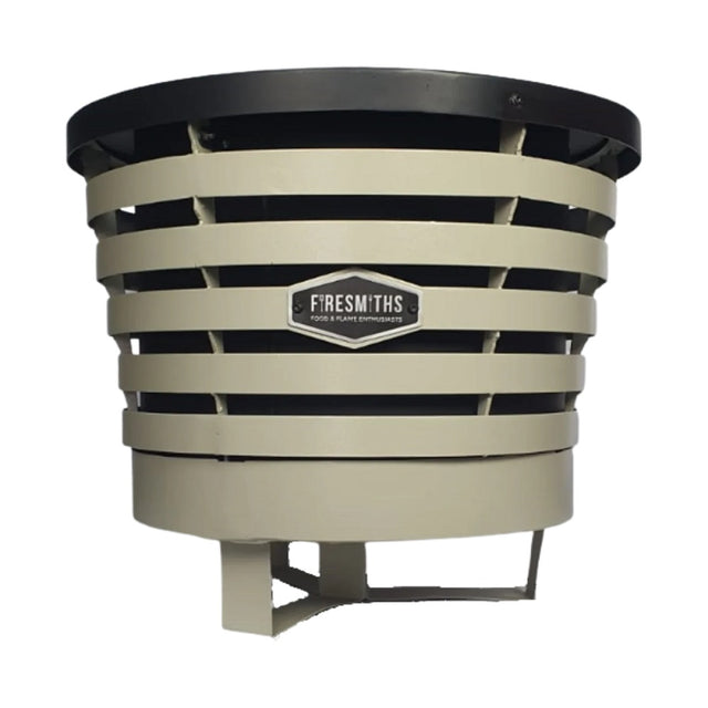 Firesmiths smokeless fire pit in a stone grey finish, featuring durable steel construction, a double-wall airflow system, and clean-burning low-smoke performance for outdoor entertaining.