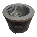 Firesmiths Smokeless Fire Pit featuring a removable stainless steel grill grate, allowing you to switch effortlessly between clean-burning outdoor fires and open-fire grilling for versatile outdoor cooking.