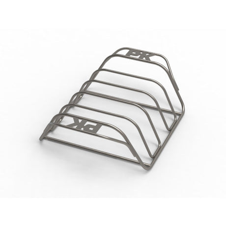 Stainless steel chicken leg rack designed to securely hold multiple chicken drumsticks upright for even cooking, smoking, and grilling on charcoal braais, smokers, and BBQ grills.