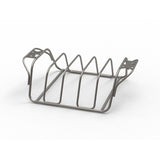 Heavy-duty stainless steel rib and roast rack designed to hold ribs, roasts, whole chickens, and large cuts of meat upright for even cooking on charcoal grills, smokers, and braais.