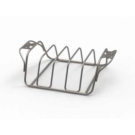 Heavy-duty stainless steel rib and roast rack designed to hold ribs, roasts, whole chickens, and large cuts of meat upright for even cooking on charcoal grills, smokers, and braais.