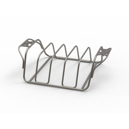 Heavy-duty stainless steel rib and roast rack designed to hold ribs, roasts, whole chickens, and large cuts of meat upright for even cooking on charcoal grills, smokers, and braais.